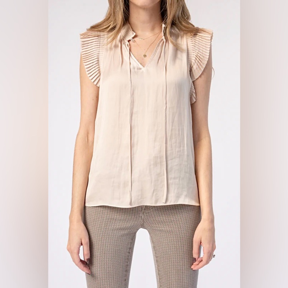 Frame NWT Pleated Sleeve Key Hole Tie Neck Satin Top In Parchment Sz XS